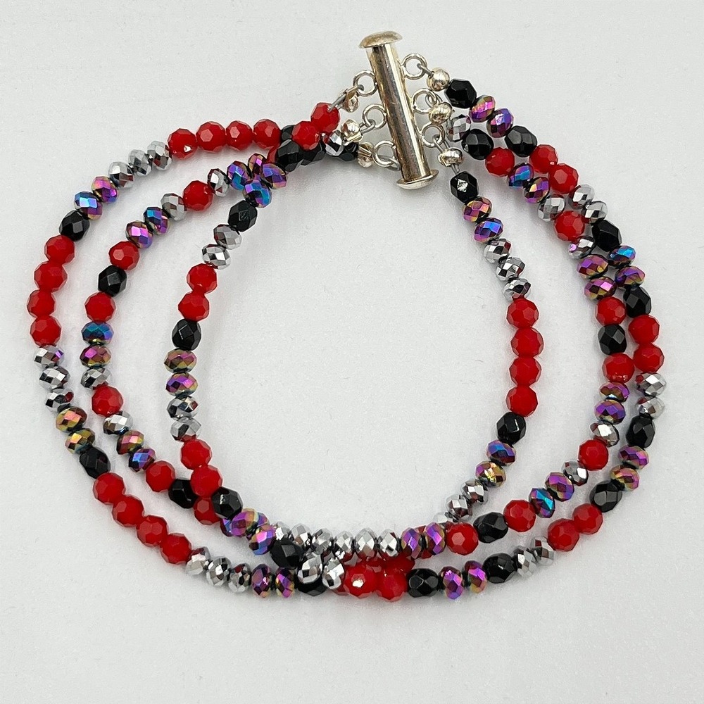 Vintage 3-Strand Beaded Bracelet Red Black‎ Silver Aurora Borealis Crystal Y2K